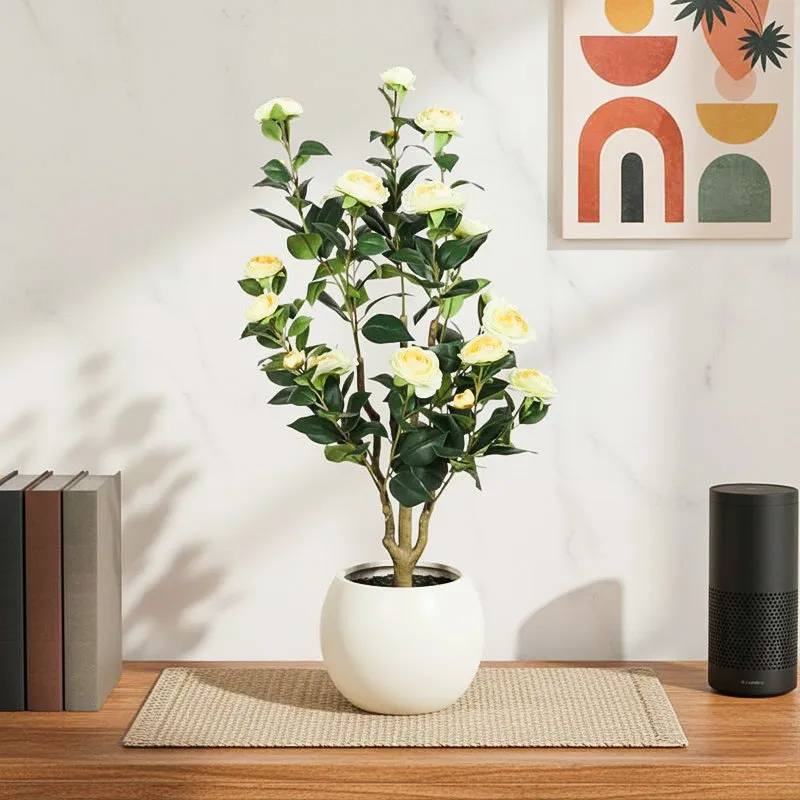 Faux Lush Mini Camellia Plant With Black Plastic Pot - Yellow & Green- 3.1 Feet media 1
