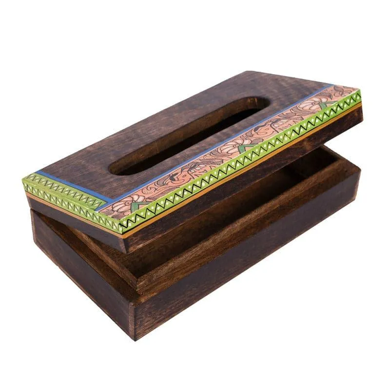 Open brown wooden tissue box showing its removable top and decorative border