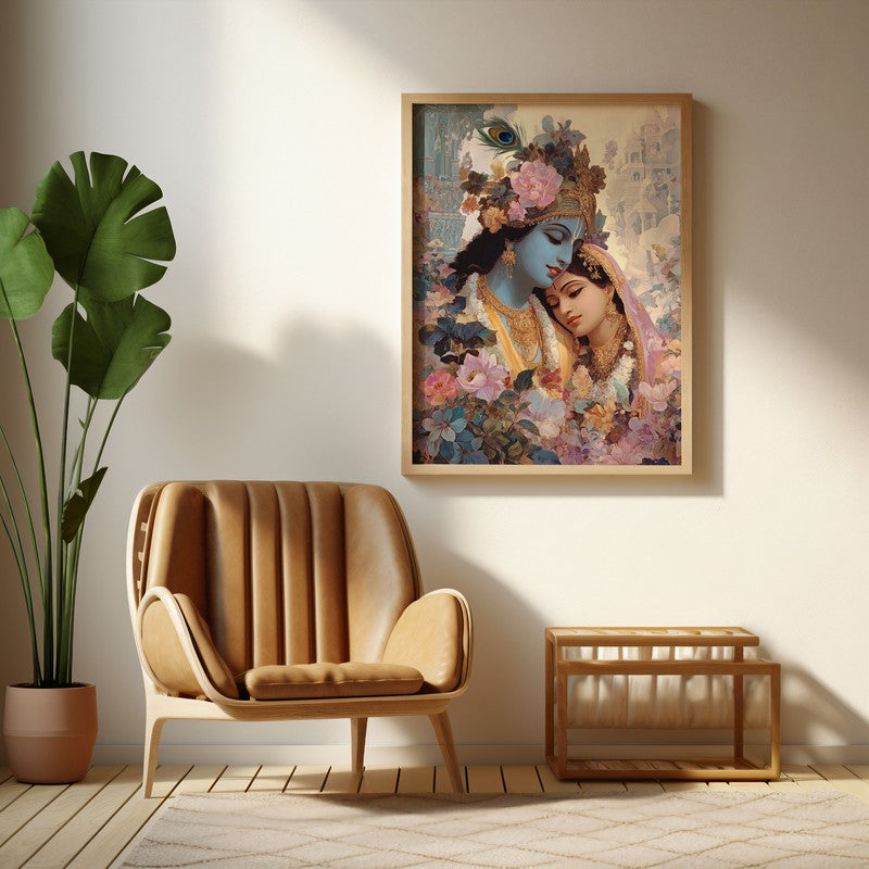 Sri Radha Krishna Blissful Archival Paper Wall Art - Natural Brown Frame