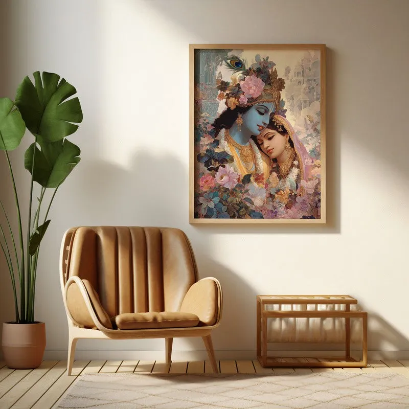 Sri Radha Krishna Blissful Archival Paper Wall Art - Natural Brown Frame media 1
