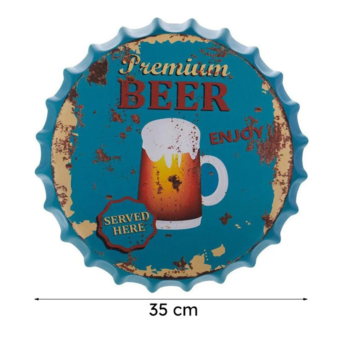 Teal beer-themed bottle-cap wall accent shown with a 35 cm diameter