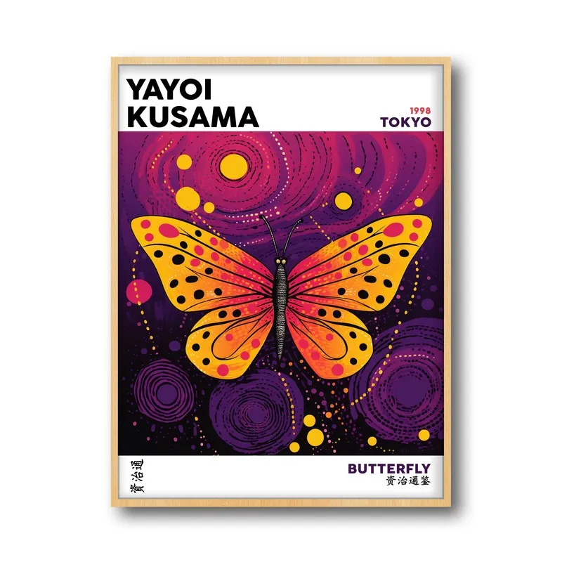 Butterfly Inspired by Yayoi Kusama Archival Canvas Wall Art - Natural Brown Frame media 5