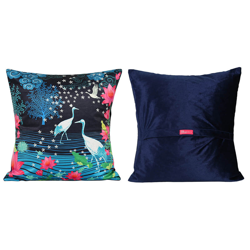 India Circus Sakura Stork Printed Velvet Cushion Cover - Set Of Five media 4