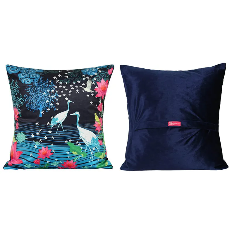 India Circus Sakura Stork Printed Velvet Cushion Cover - Set Of Five media 4