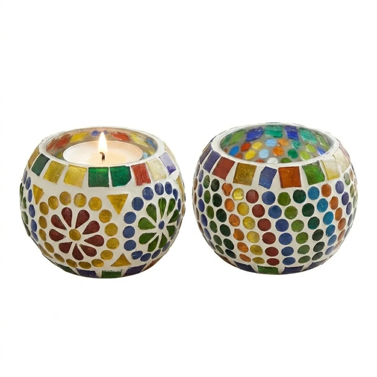 Two round multicolour mosaic glass tealight candle holders on a white background