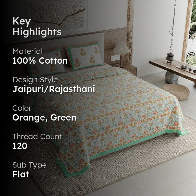 Rang Harmony Cotton Bedsheet (Orange,Green) - 120 TC media 2