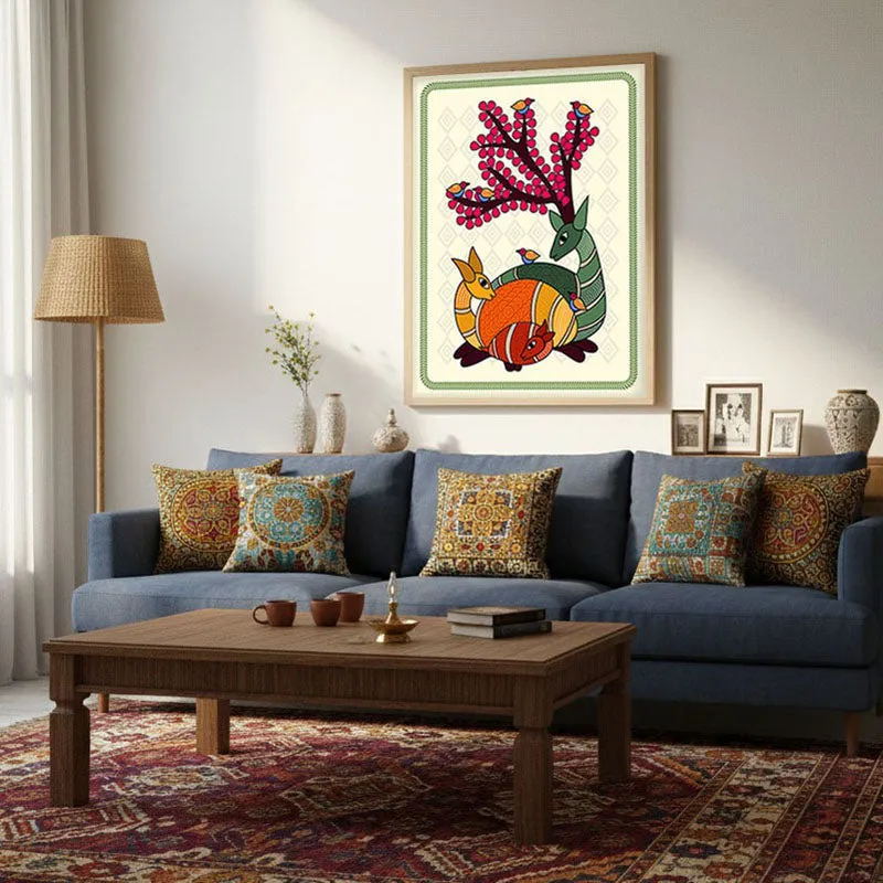 Deer In Color Framed Madhubhani Canvas Archival Canvas Wall Painting - Natural Brown Frame media 4