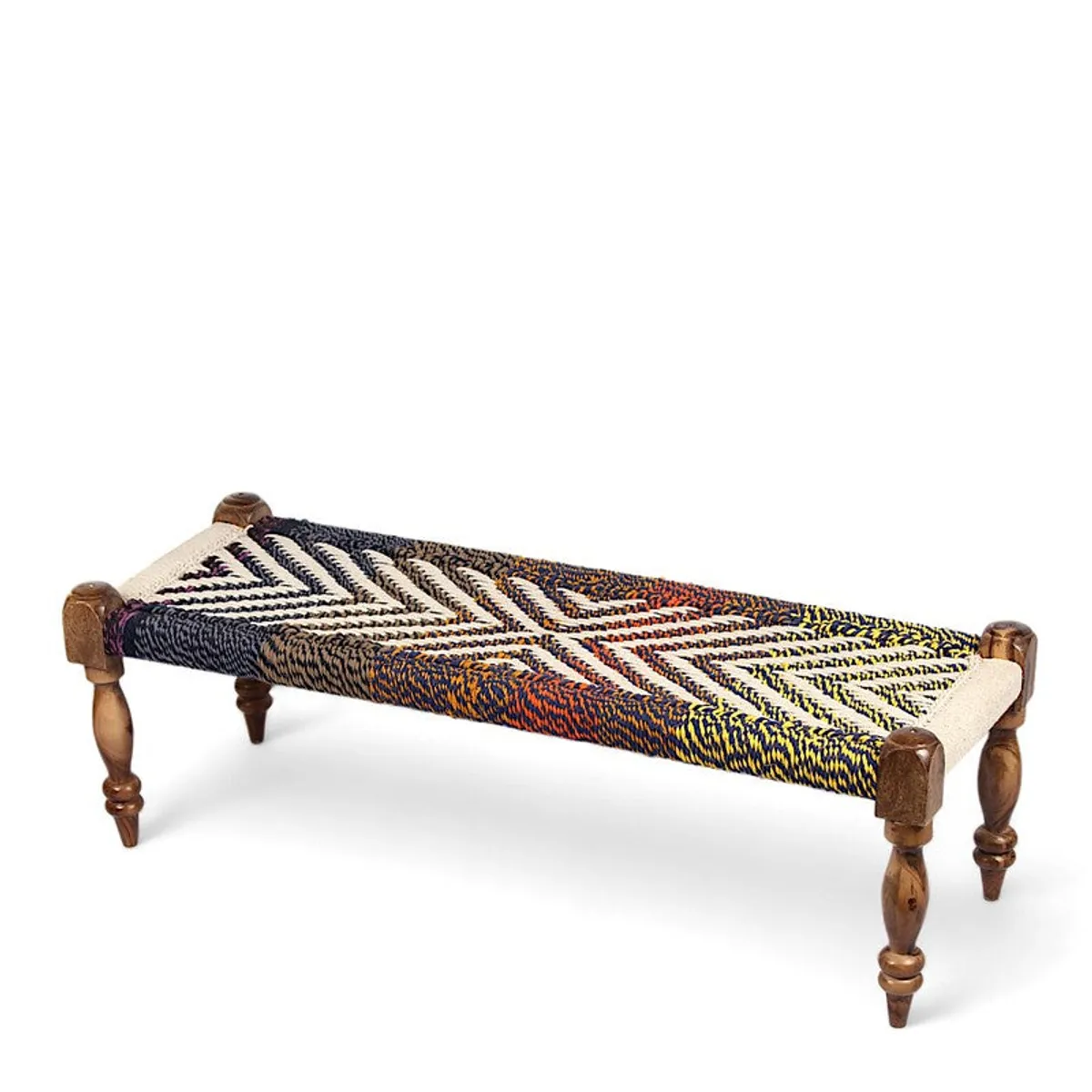 Side view of the patterned wooden bench with turned legs