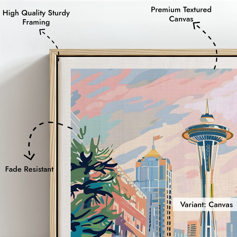 Vintage Seattle Framed Canvas Archival Canvas Wall Painting - Natural Brown Frame media 6