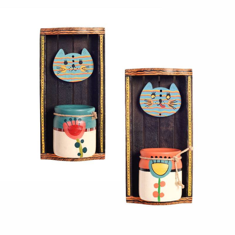 Cat Art Wood & Ceramic Wall Shelf - Set Of Two media 4