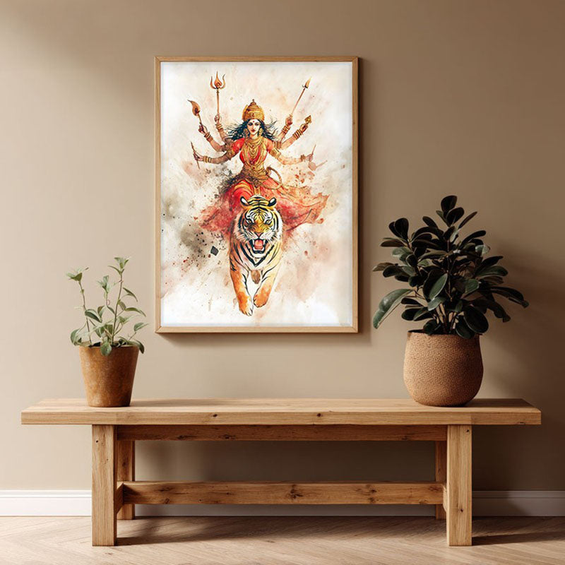 Shakthi Roar Spiritual Archival Paper Wall Painting - Natural Brown Frame