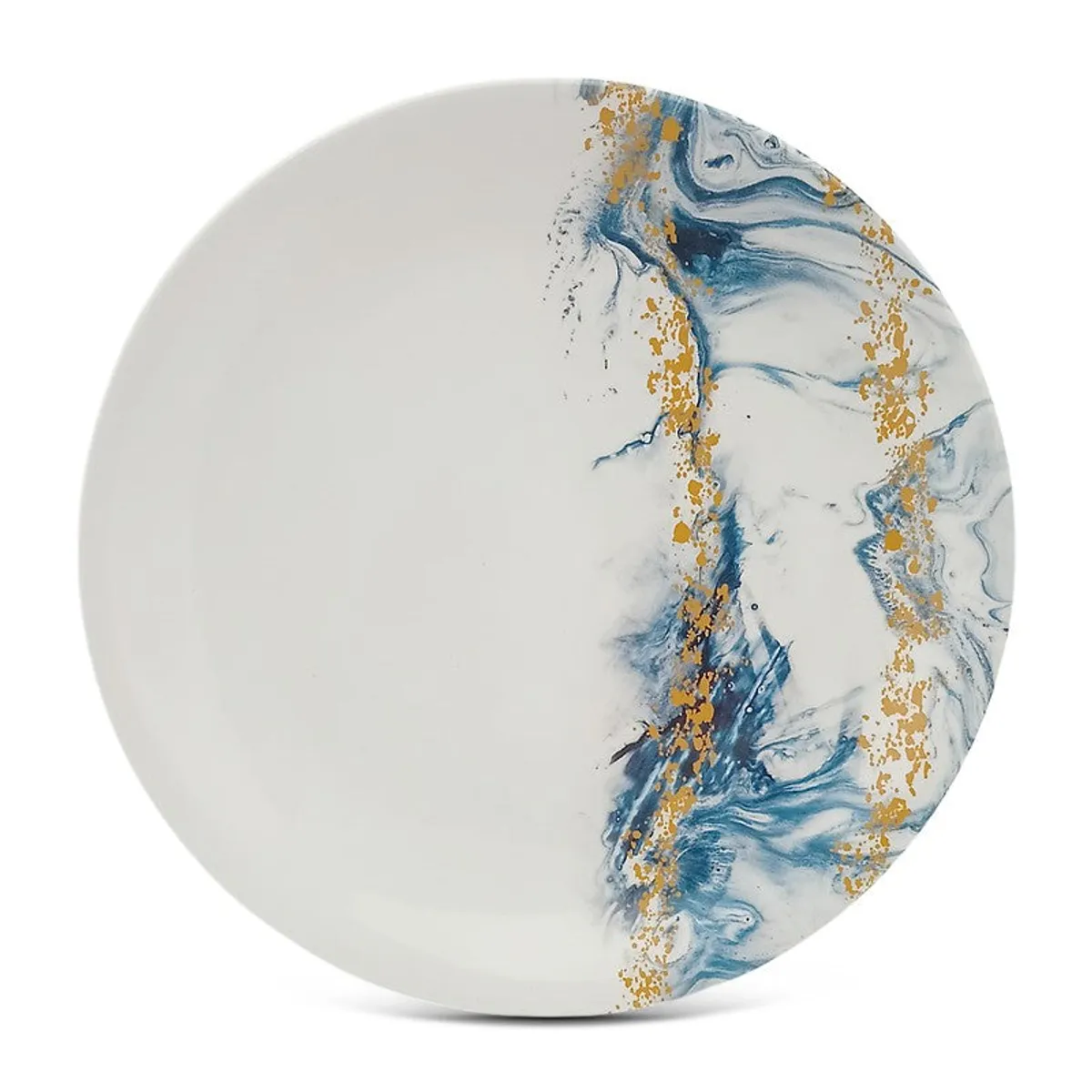 Close-up of a white round plate with blue and gold marbled detailing