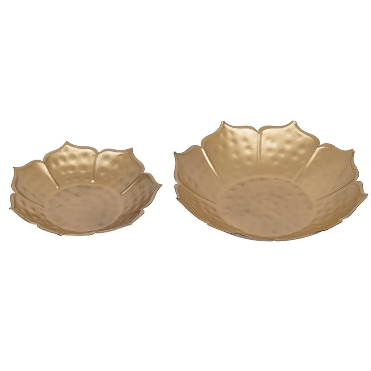Two gold hammered metal urlis shown on a white background