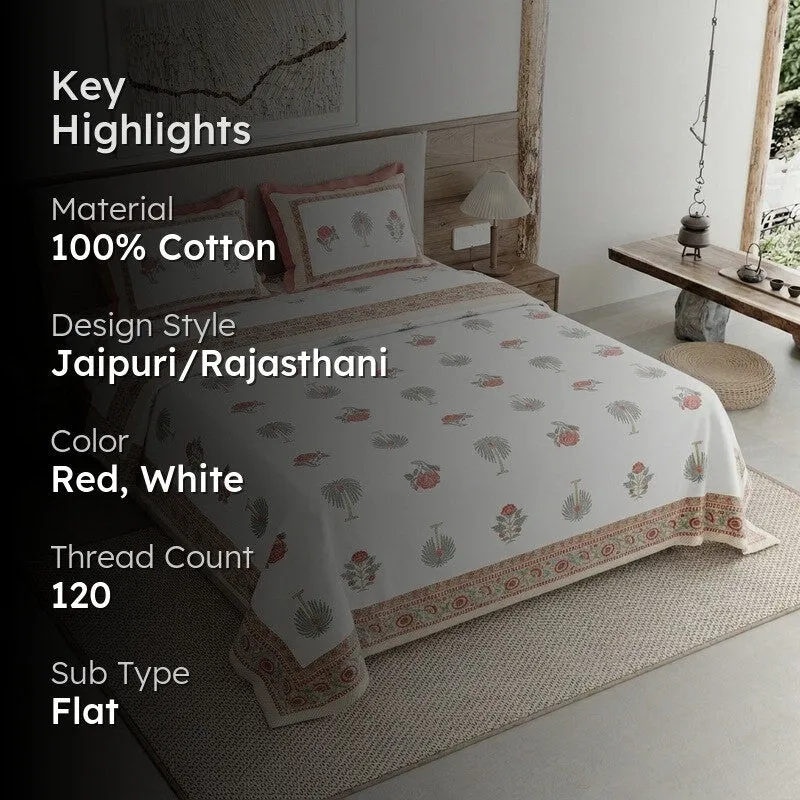 Ethnic Calm Cotton Bedsheet (Red,White) - 120 TC media 2