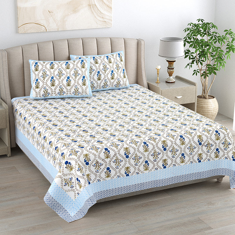 Ethnik Blooms Cotton Bedsheet (Blue) - 144 TC