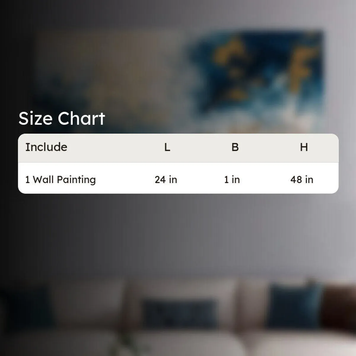 Framed abstract wall painting shown with size chart graphic