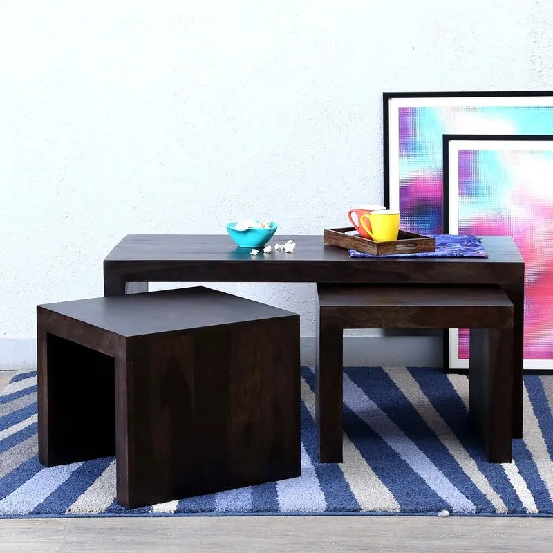 Davenox Sheesham Wooden Center Table with Stools (Dark Brown) - Three Piece Set media 3