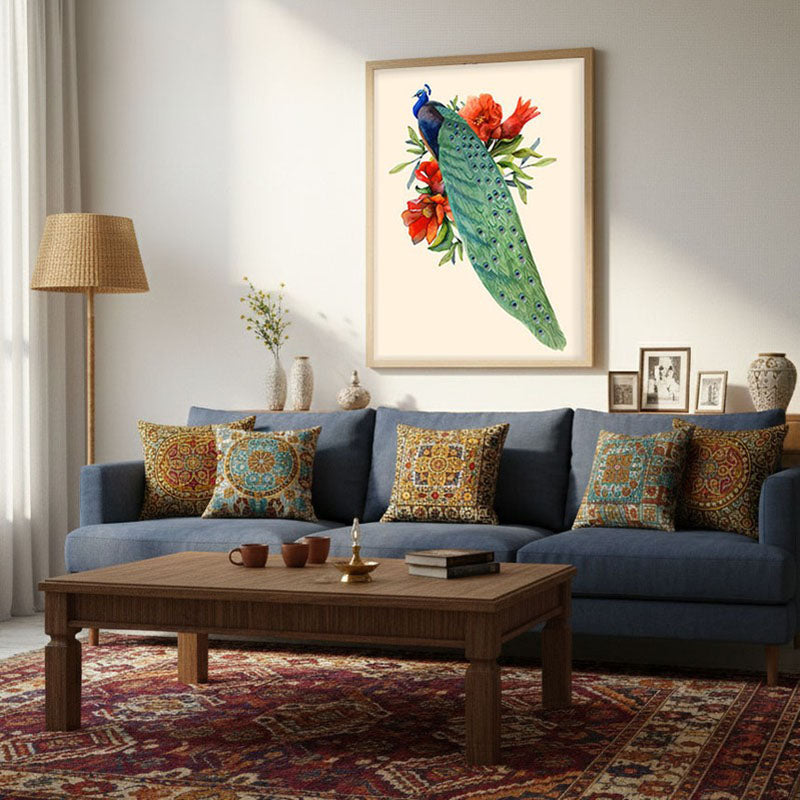 Flowers & Peacock Archival Paper Wall Art  - Natural Brown Frame media 5