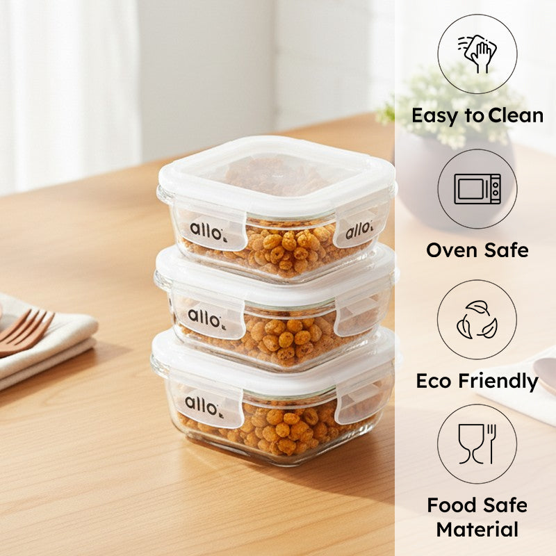 Gobni Leak Proof Glass Lunch Box (320 mL Each) - Set Of Three