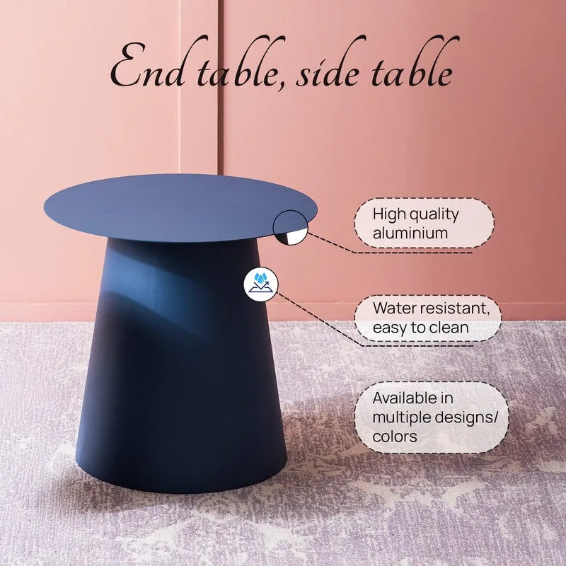 Single blue round side table with a conical base