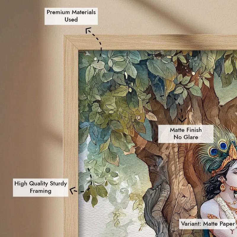 Sri Krishna Charming Fluit Playing Archival Paper Wall Art - Natural Brown Frame media 6