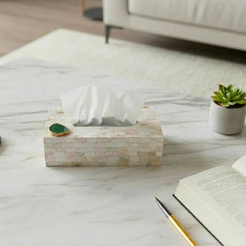 Suzzaine Handcrafted Mother Of Pearl & Agate Tissue Box - Green & Beige media 2