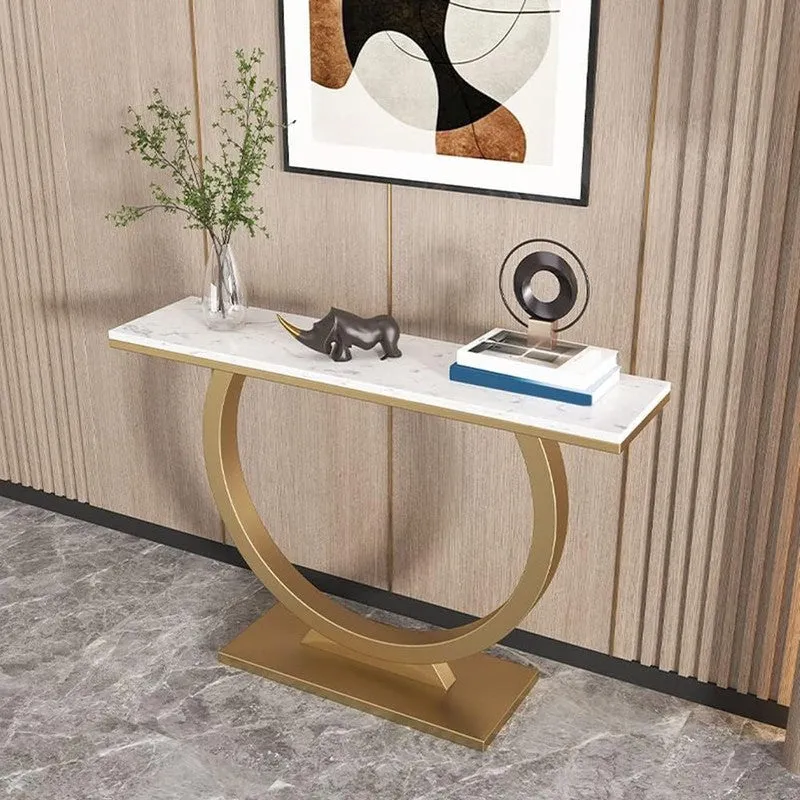 Contemporary Metal Console Table with Marble Top (Gold) - Large media 1