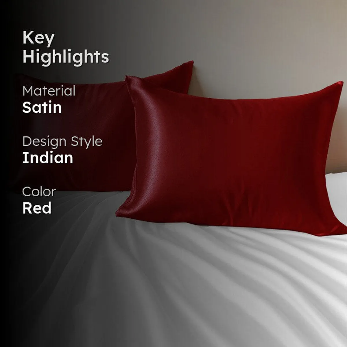 SilkenAura Satin Pillow Cover with a Scrunchy (Red) - Set Of Two - 2