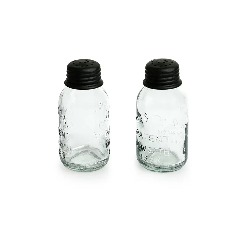Pair of transparent glass salt and pepper shakers with black lids on white