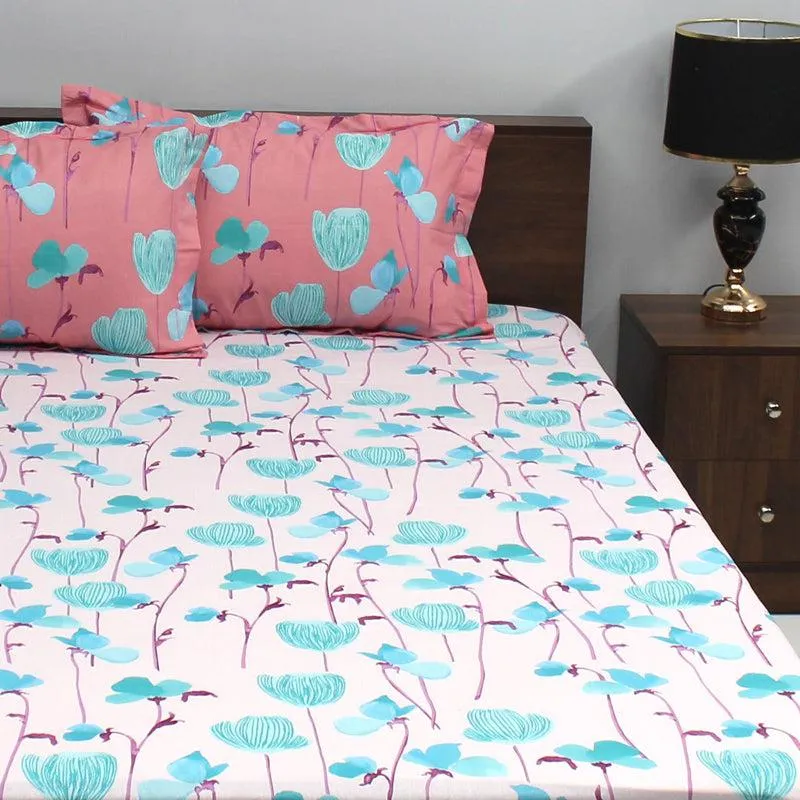 Prisha Floral Cotton Bedsheet (Pink,Blue) - 110 TC media 1