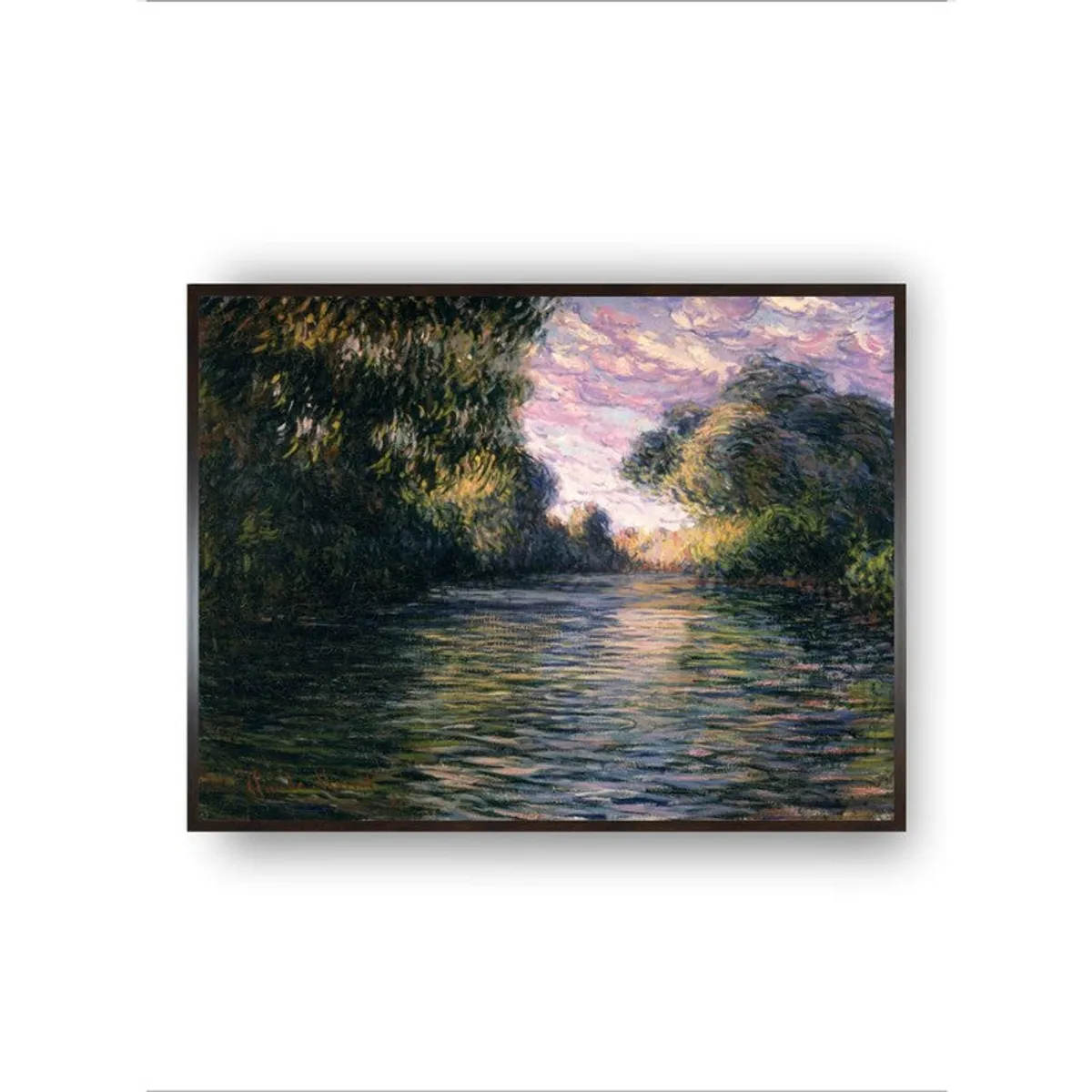Framed landscape canvas featuring reflective water, trees and a pastel sky