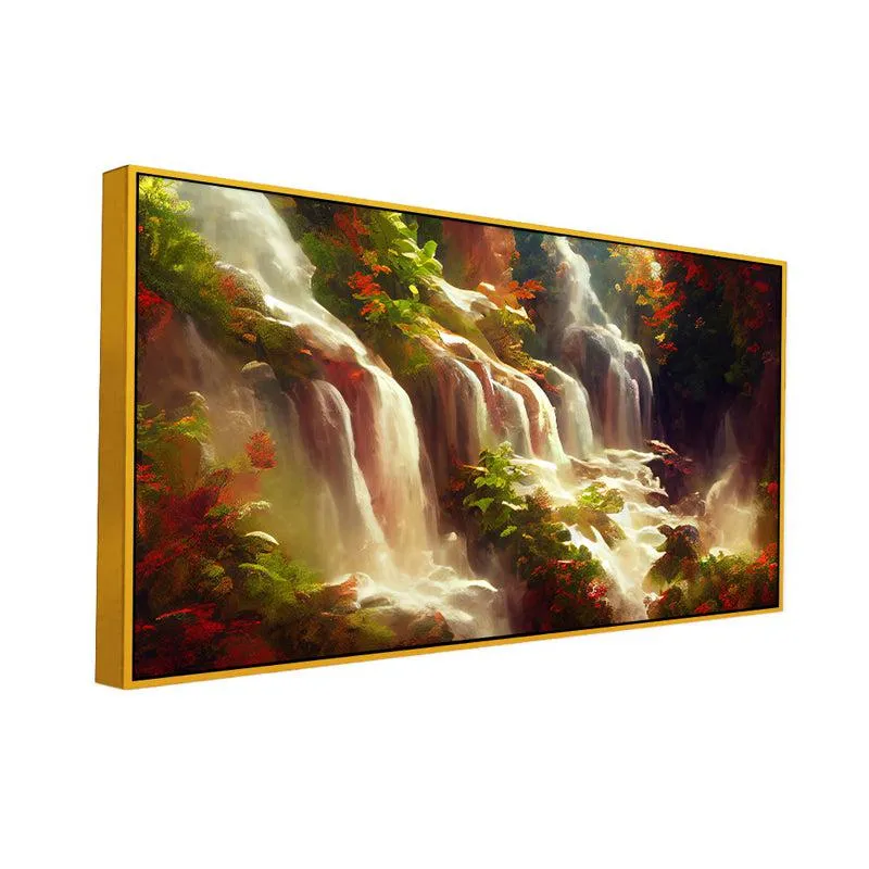 Autumn Waterfalls Landscape Canvas Wall Painting With Frame - Gold media 4