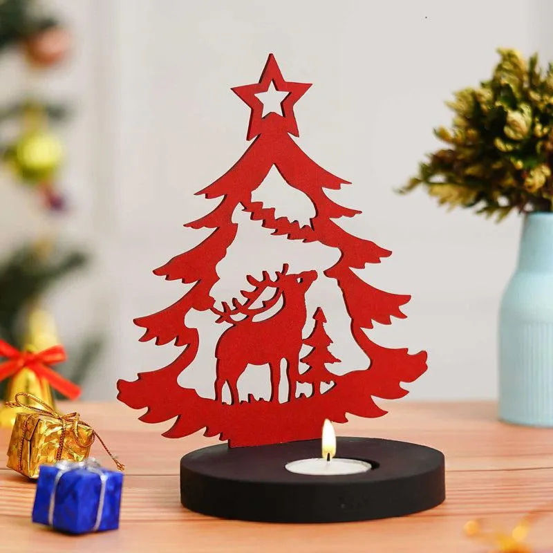 Starlit Sleigh Wood Christmas Tea Light Holder - Red media 1