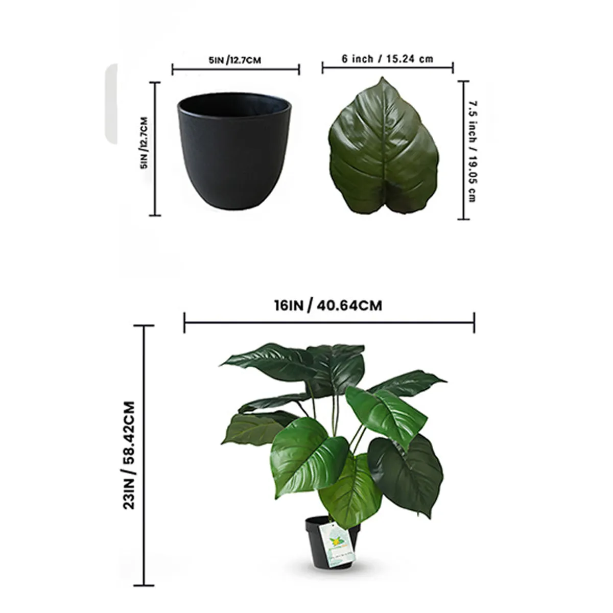 Green artificial Congo philodendron plant with glossy leaves in a black plastic pot