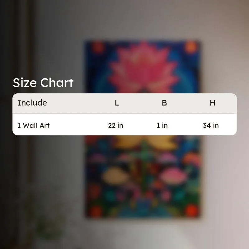 Blurred wall art in the background with a size chart graphic in front