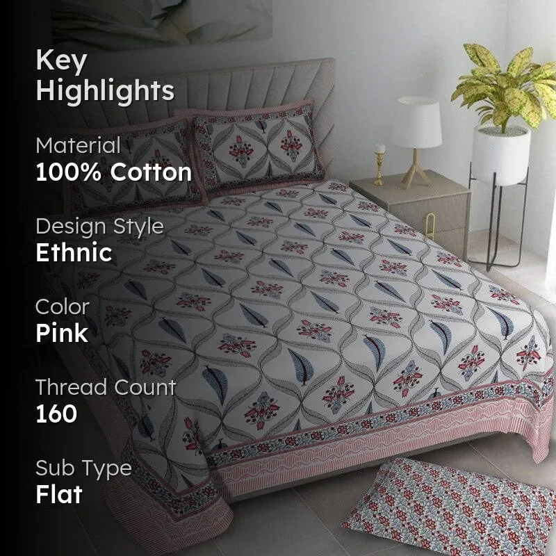 Quade Ethnic Cotton Bedsheet (Pink) - 160 TC media 2