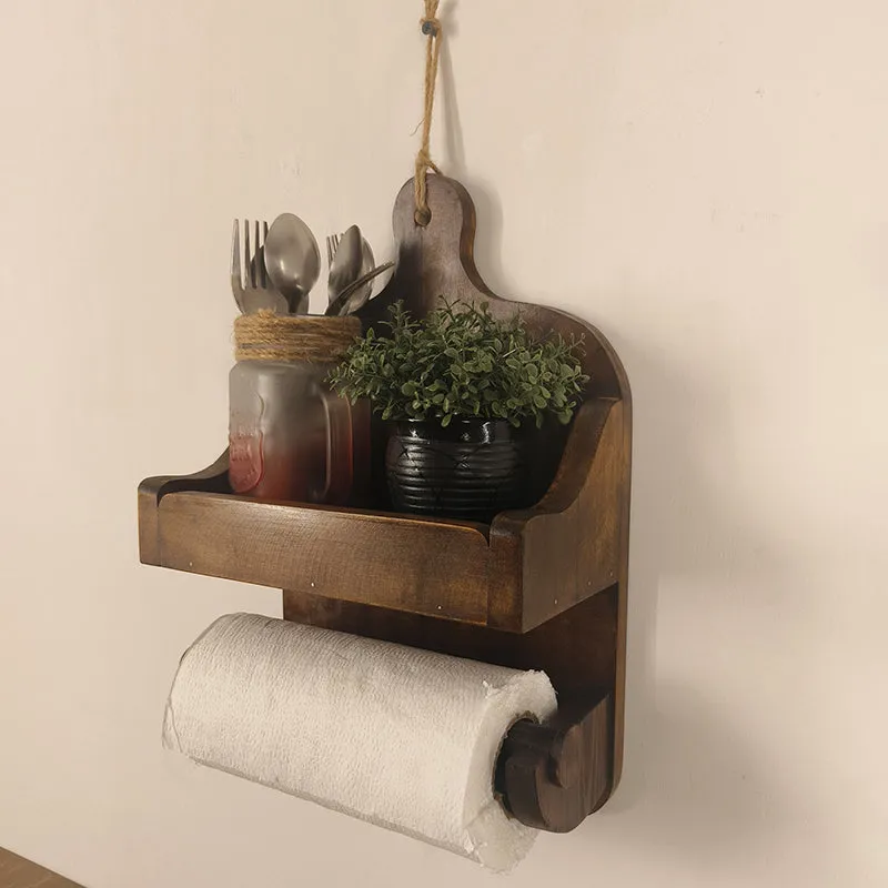 Retrovea Wooden Wall Shelf Organiser with Kitchen Roll Holder media 5