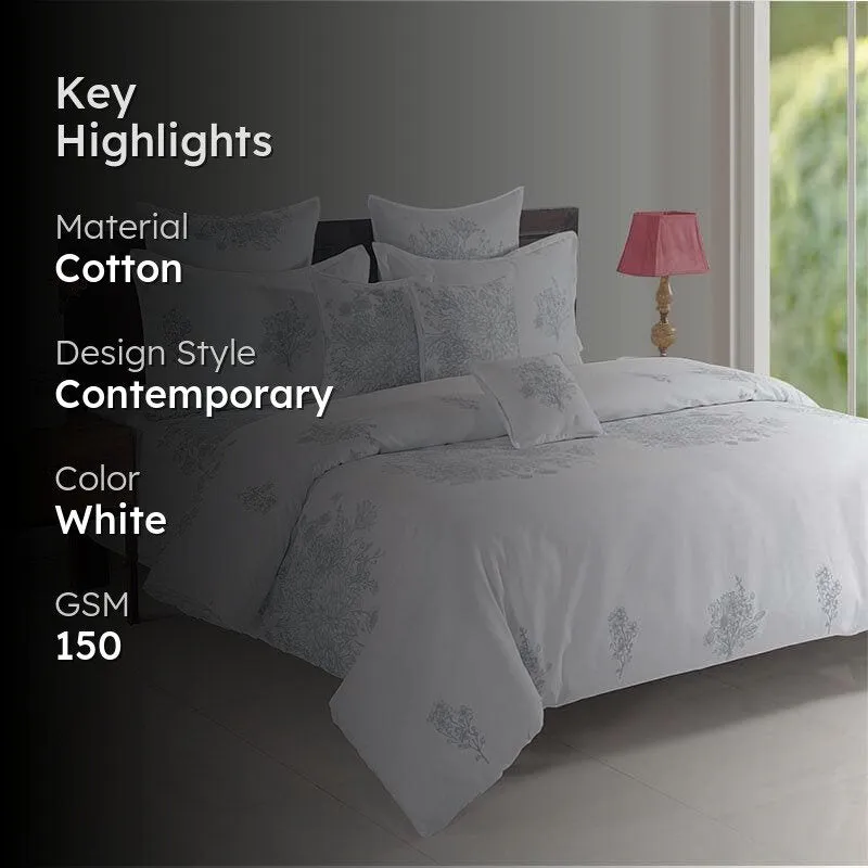 White floral comforter with key highlights text overlay