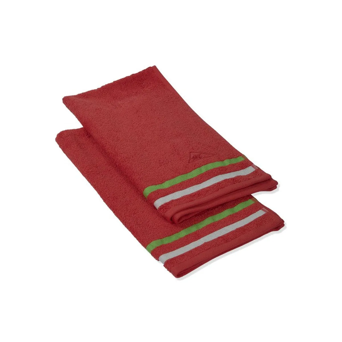 Two red hand towels folded together with contrasting striped borders