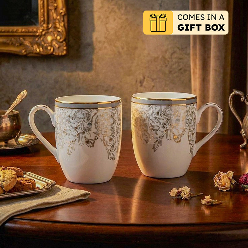 Gilded Iris Coupe 24k Gold Brushed Porcelain Coffee Mug(280 mL Each/Grey) - Set Of Six