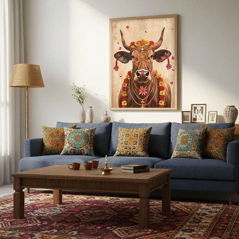 Divine Cow Traditional Canvas Wall Painting With Brown Frame media 4