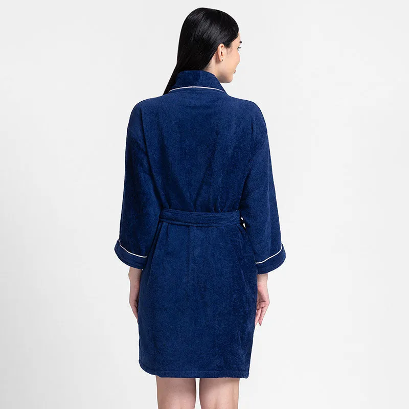 Back view of navy blue bath robe with tie belt