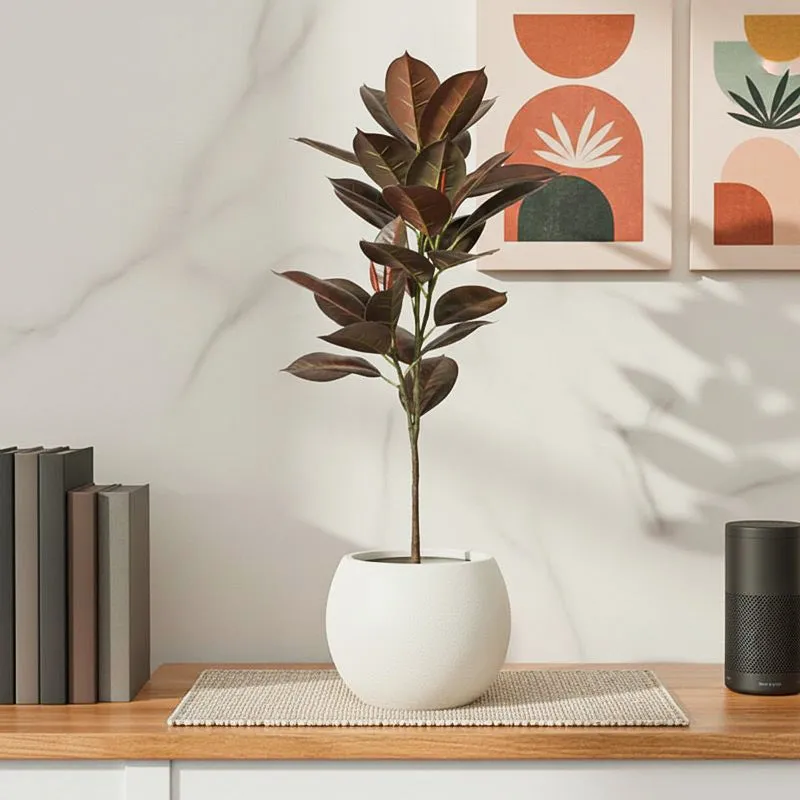 CozyFlora Artificial Rubber Plant With Black Plastic Pot - 2.5 Feet media 1