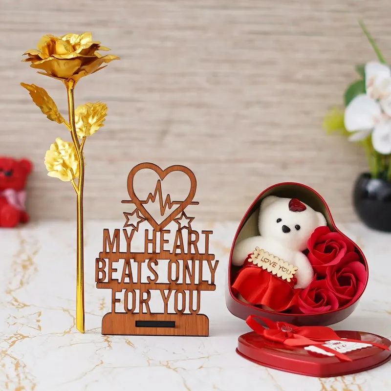 Gold rose, wooden message plaque and red heart-shaped gift box set