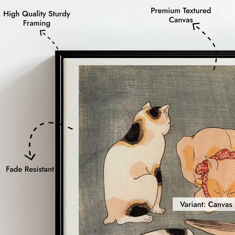Four Cats In Different Poses Utagawa Kuniyoshi Archival Canvas Wall Painting - Black Frame media 7