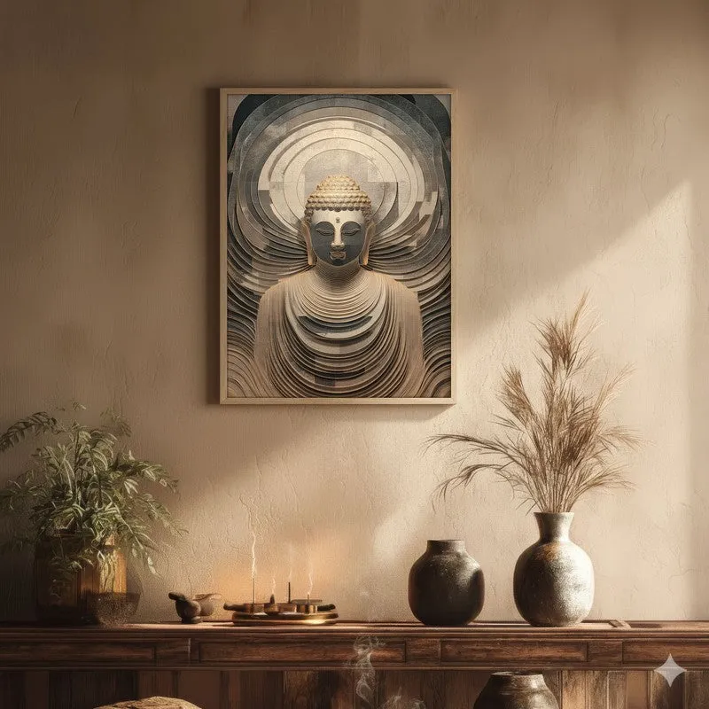 Buddha In Meditation Archival Paper Wall Painting With Brown Frame media 1