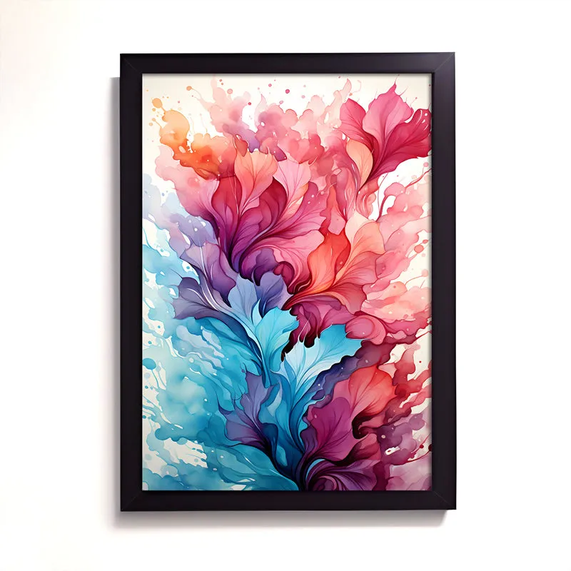 Framed abstract wall art with blue, pink and red fluid swirls