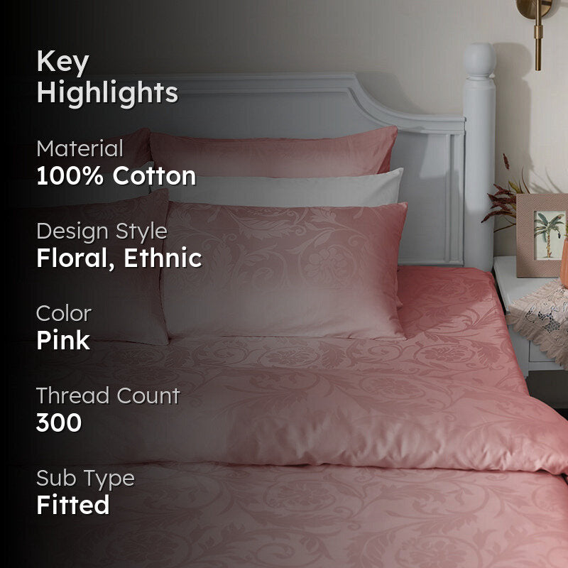 Bloom Bold Fitted Jacquard Cotton Bedsheet (Cameo Rose) - 300 TC media 2