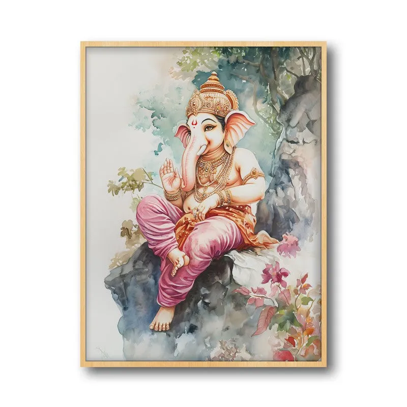 Vighnaharta's Blessing Spiritual Archival Paper Wall Painting - Natural Brown Frame media 5