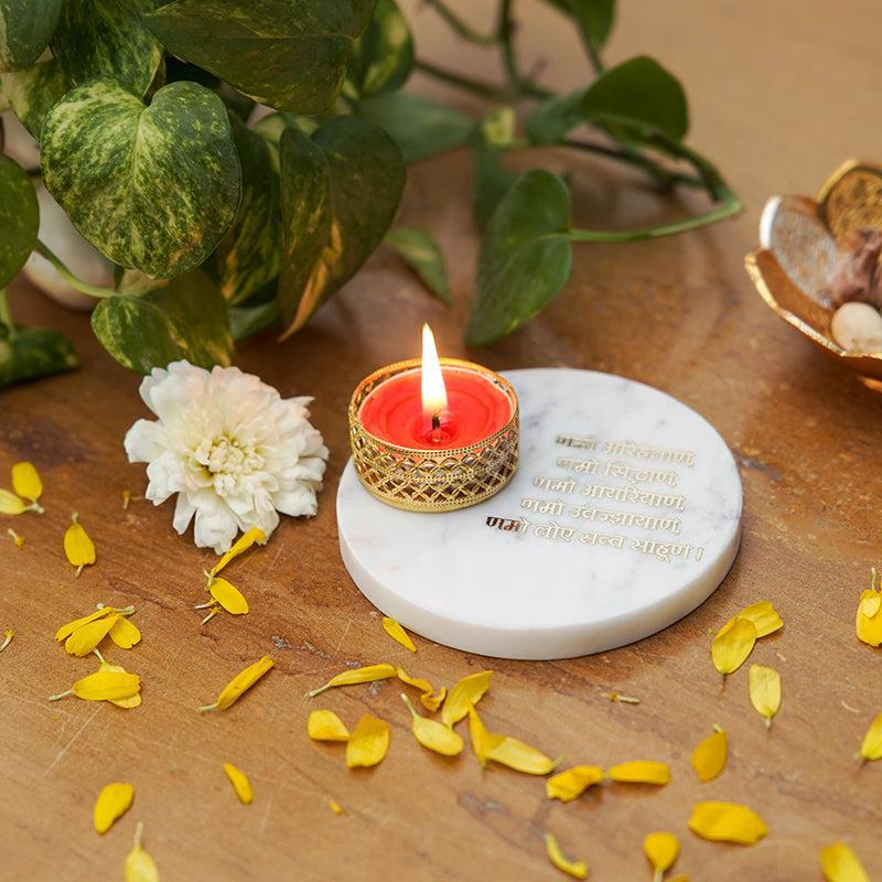 Namokar Mantra White Marble Religious Accent With Tea Light Holder